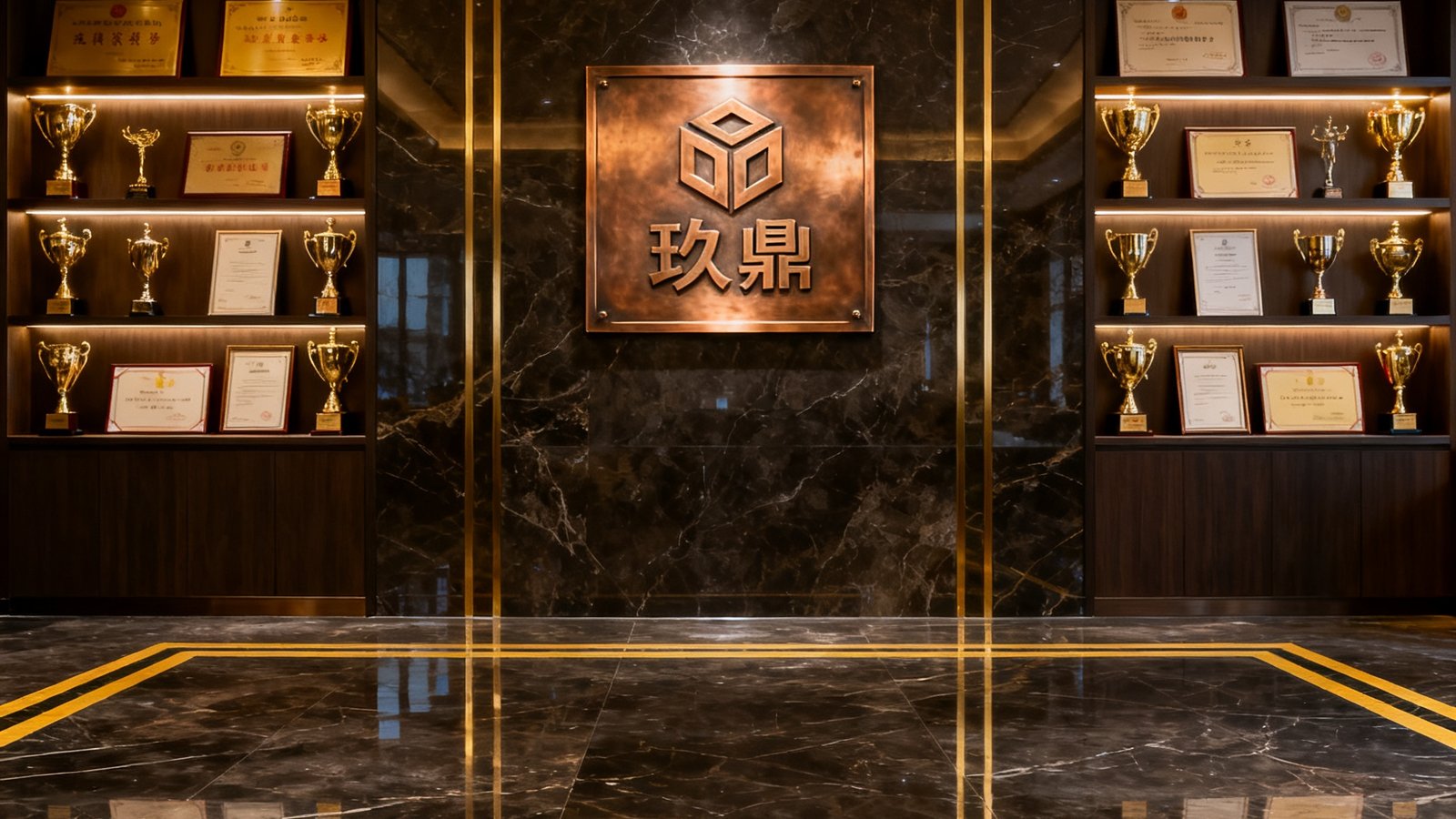 玖鼎贵宾厅总部位于广州珠江新城，接待大堂以深色大理石地面和金色装饰线条营造庄重氛围，正面悬挂企业标识铜牌，两侧陈列历年荣誉奖杯与证书。