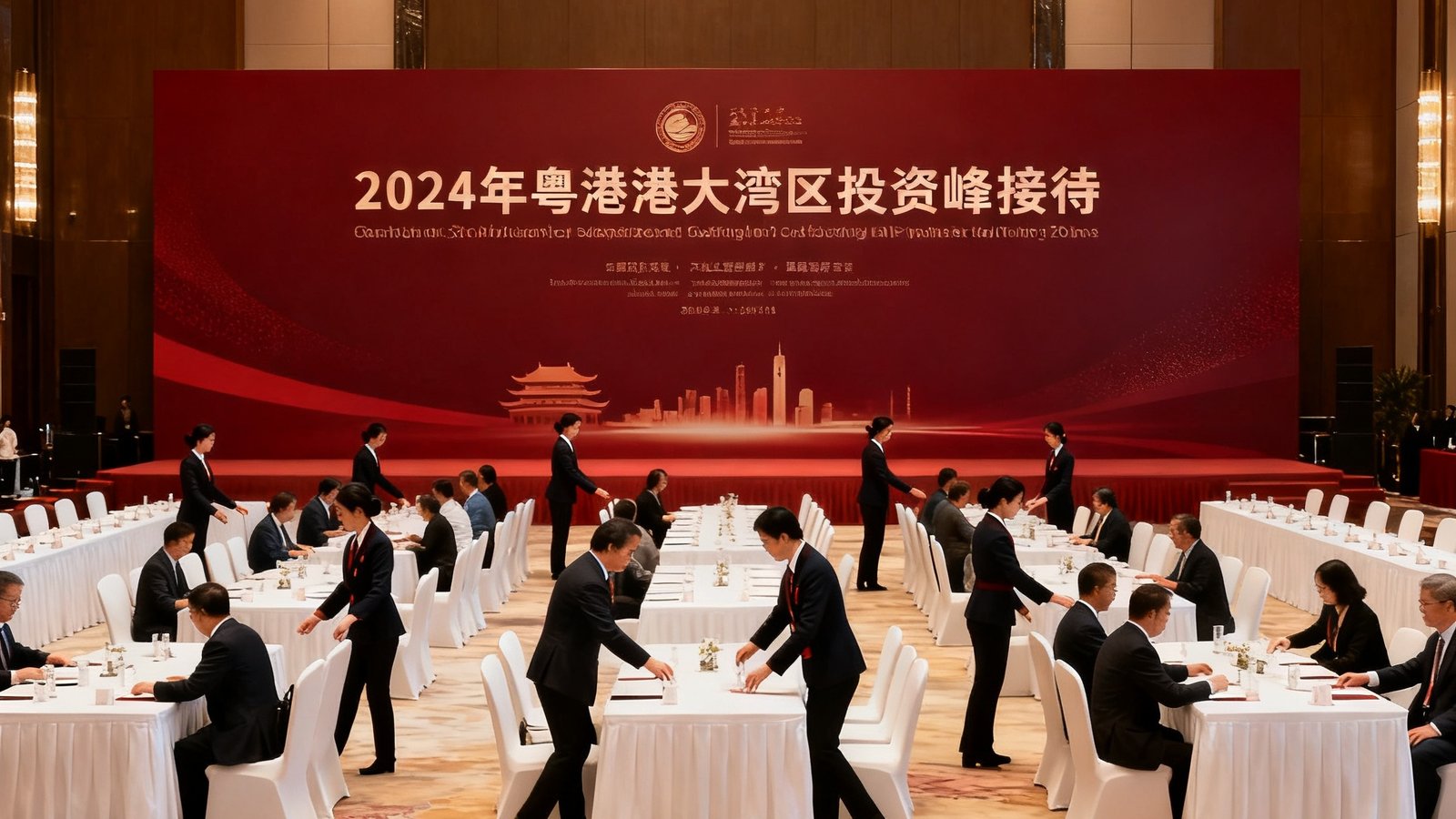 2024年粤港澳大湾区投资峰会接待现场，宽敞的宴会厅内布置了深红色主题背景板，礼宾人员统一着装引导来宾入座，会场秩序井然。