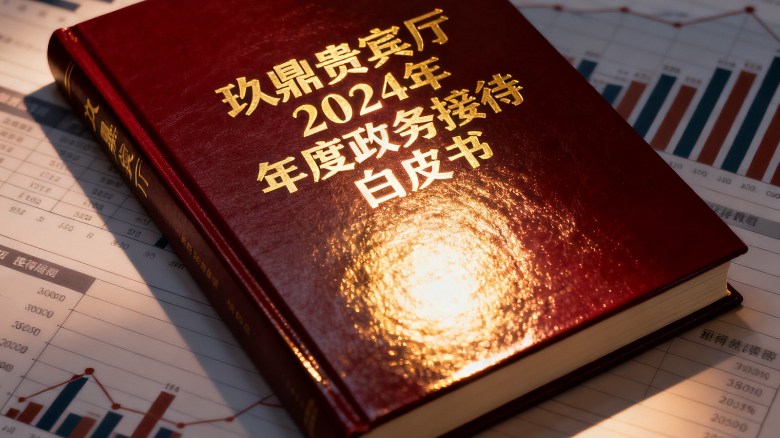 玖鼎贵宾厅发布2024年度政务接待白皮书，封面为深红色硬壳精装，烫金标题在灯光下闪耀，背景是接待数据图表。