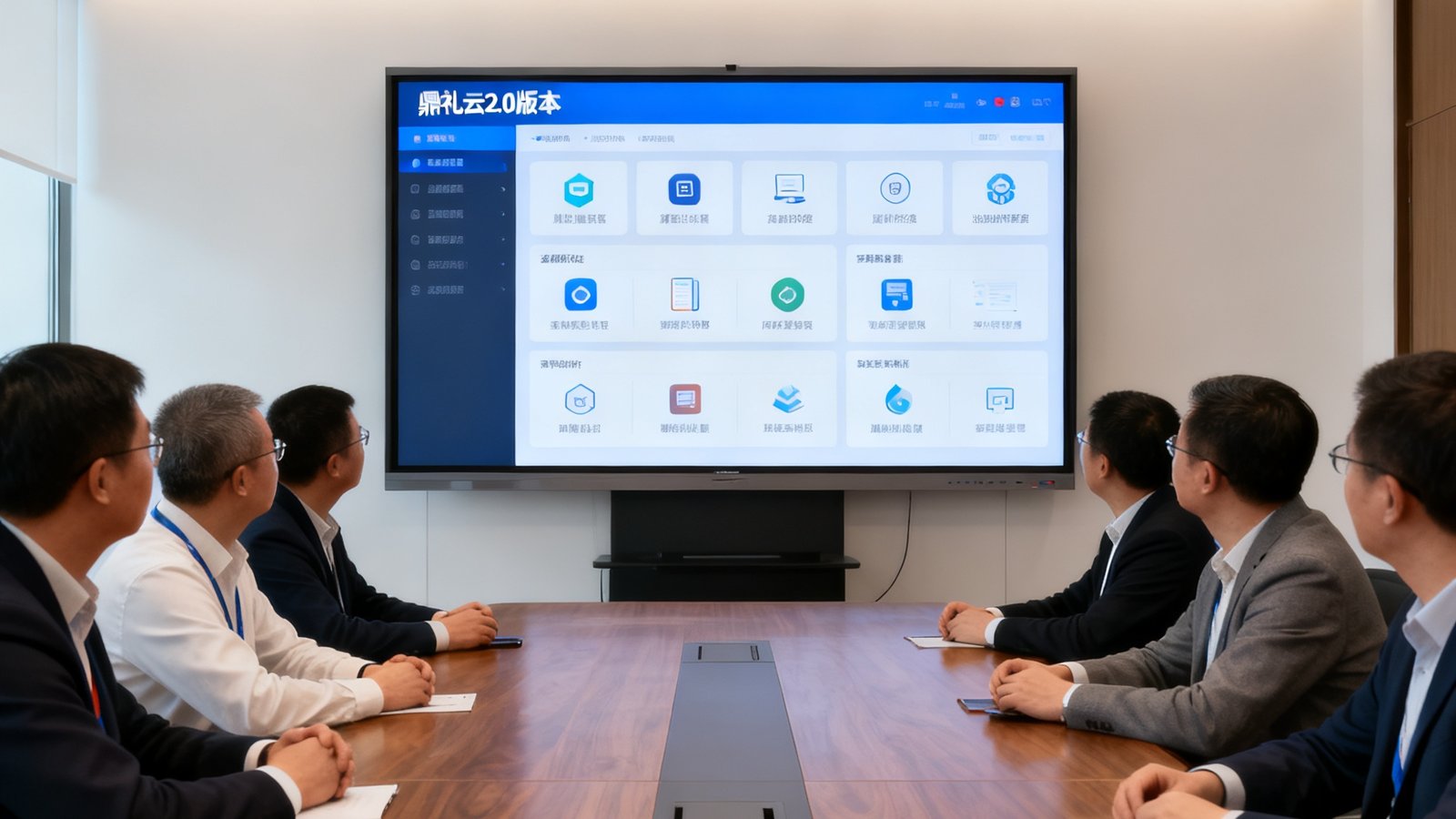 鼎礼云2.0版本上线，大屏幕上展示新版本的操作界面，功能模块清晰可见，台下与会嘉宾正在认真听取产品介绍。