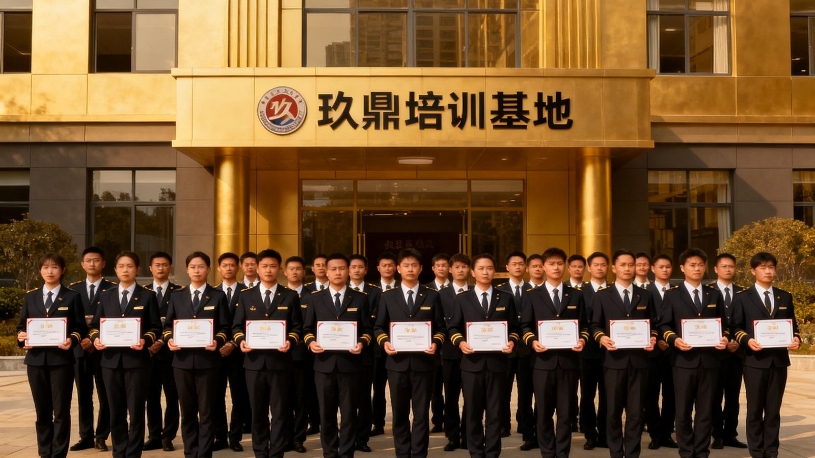 2024年礼宾精英特训营结业典礼，48名学员身着整齐制服列队站立，手持结业证书，背景是玖鼎培训基地的教学楼。