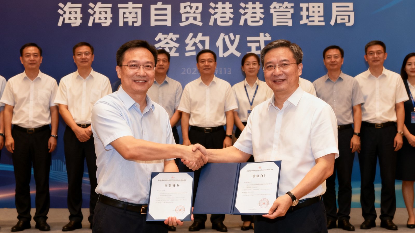 签约仪式现场，玖鼎贵宾厅代表与海南自贸港管理局代表握手交换协议文本，双方团队成员在背景板前合影留念。