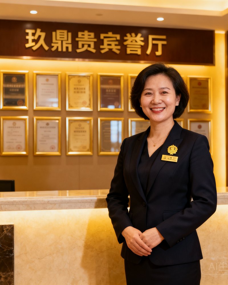 礼宾总监陈雅宁女士，45岁，身着深色职业套装，佩戴金色企业徽章，站在接待大厅前台区域，面带专业微笑，背景为玖鼎贵宾厅荣誉墙。