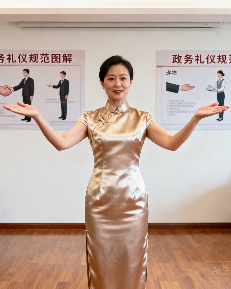 高级礼宾培训师周敏女士，33岁，身着香槟色礼仪旗袍，在培训教室中为学员示范标准迎宾手势，教室墙面张贴着政务礼仪规范图解。