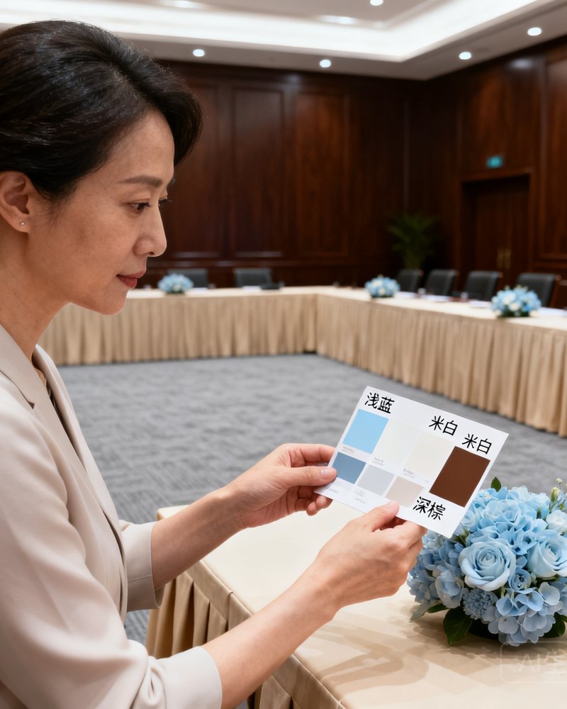 场景设计主管苏婉清女士，35岁，在布置完毕的政务会议厅中检查细节，手持色卡比对桌花与背景色调的协调度。